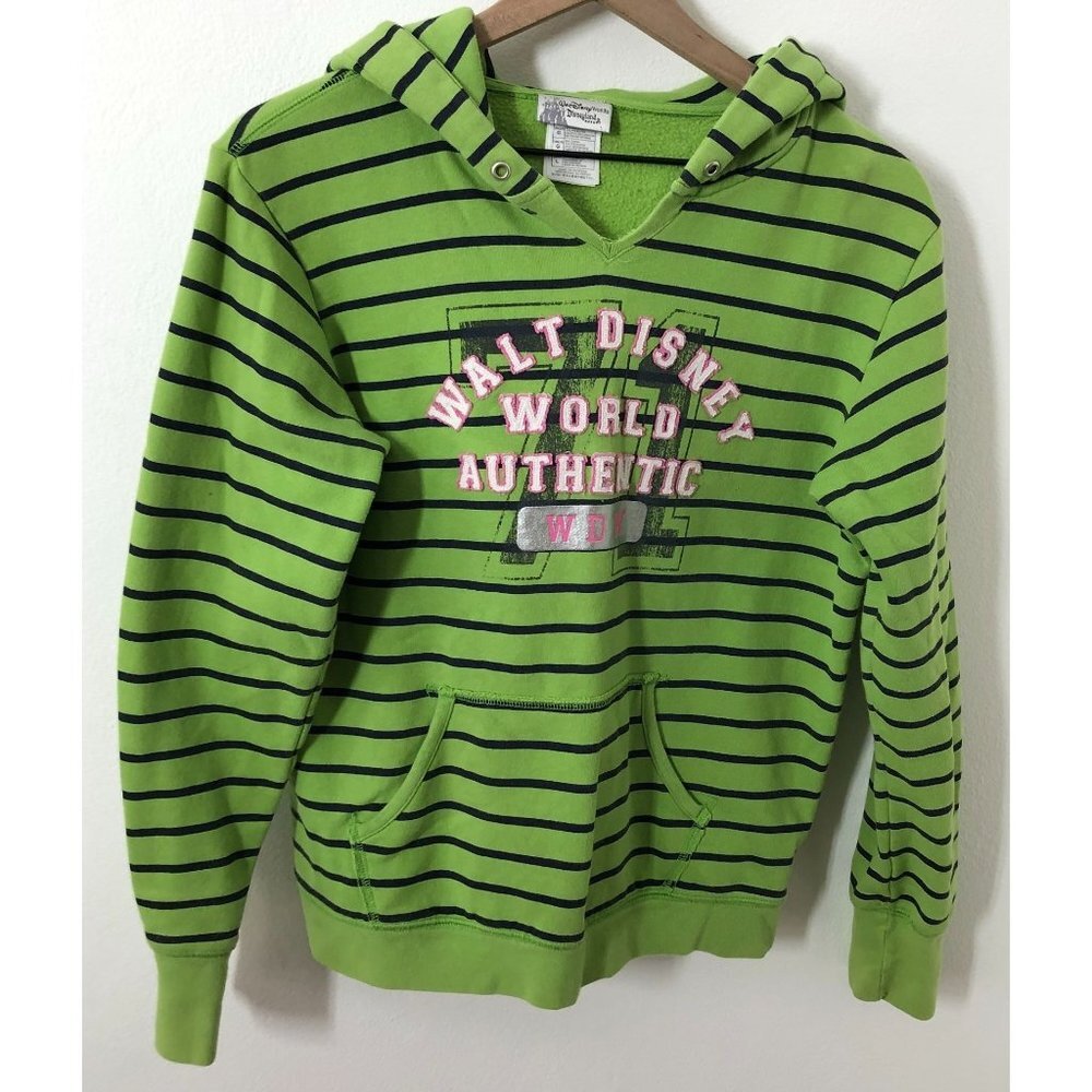 Walt Disney World Spellout Hoodie Women Large Green Striped Graphic